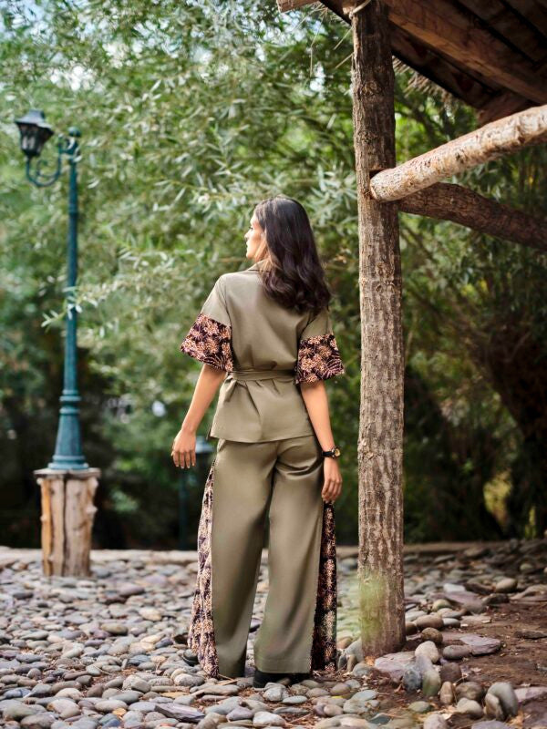 Safari Overlapping Top with Belt and Wide-Leg Pant Co-ord — Khaki