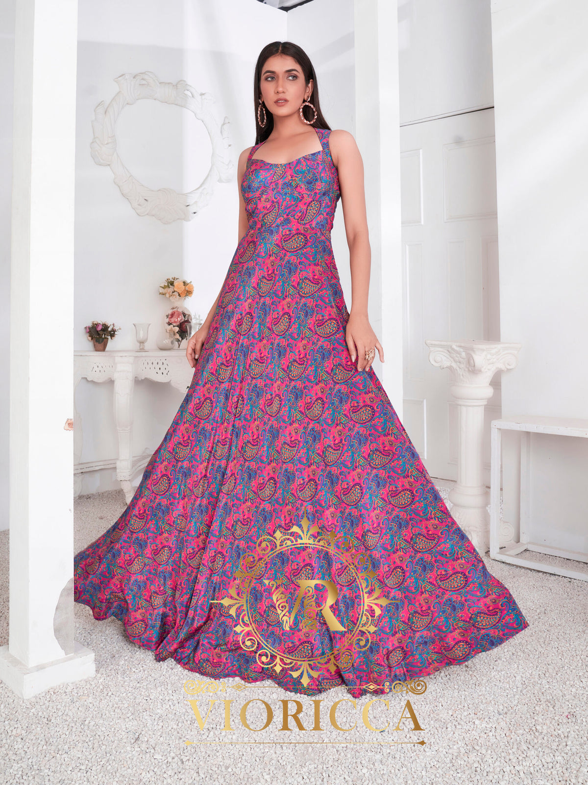 Roseate – Sleeveless Printed Flared Crepe Long Dress