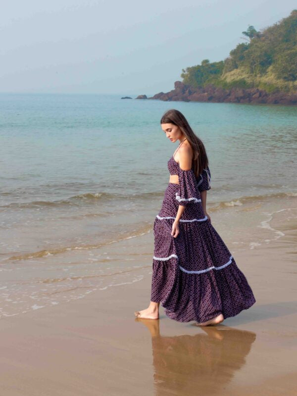 Off-Shoulder Laced Crop Top and Layered Long Skirt Resort Co-ord