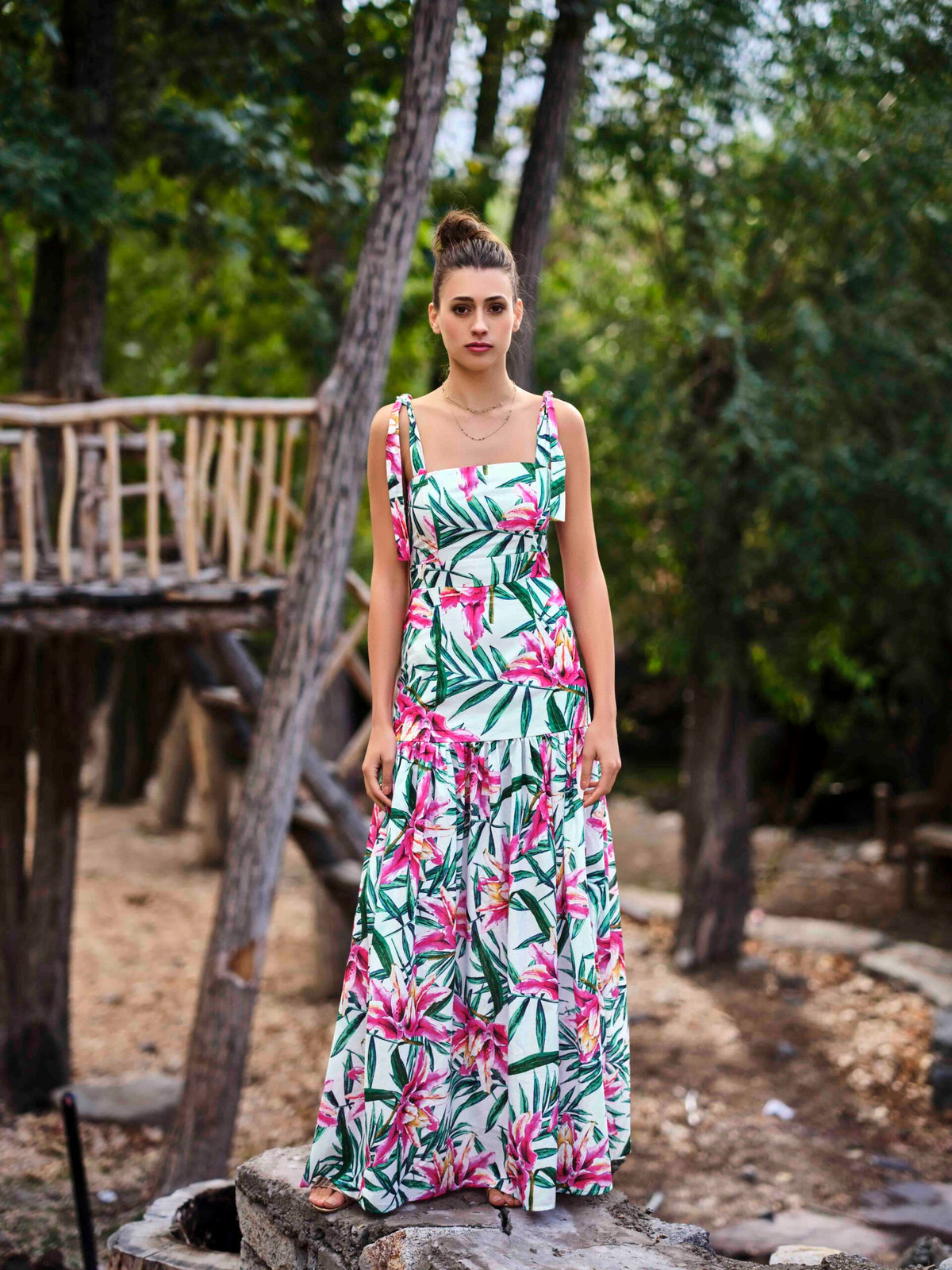 Cotton Mix Long Resortwear Dress with Tie-Up Knot