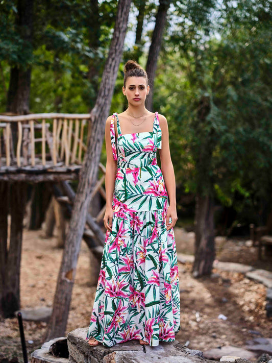 Cotton Mix Long Resortwear Dress with Tie-Up Knot