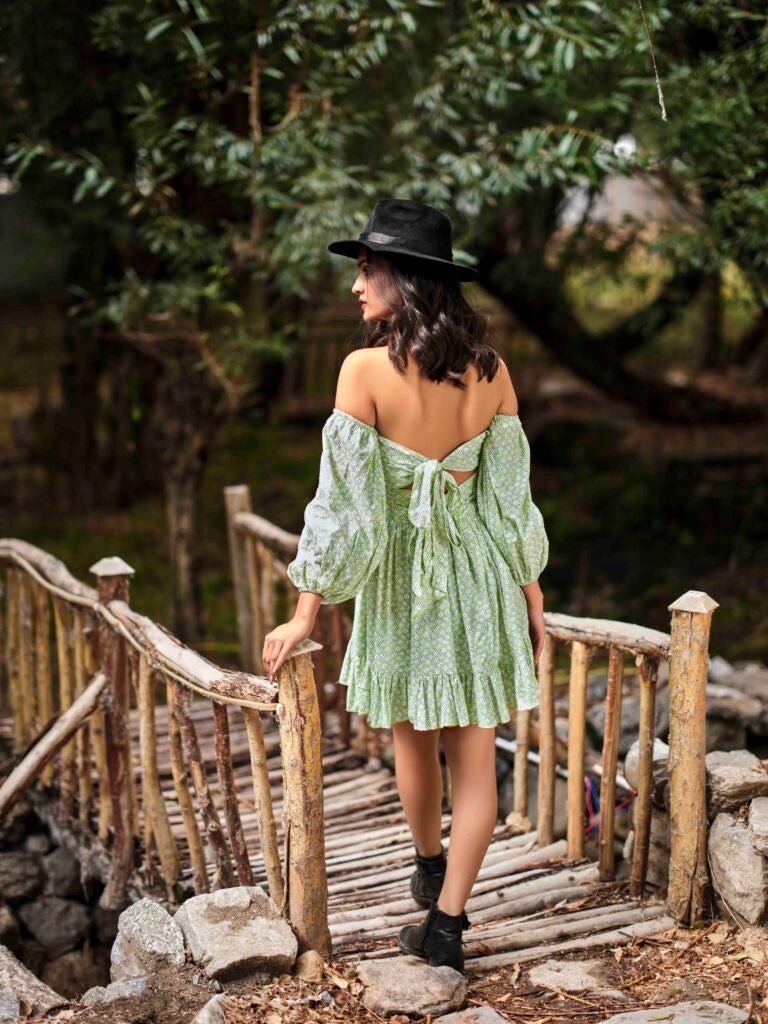 Cotton Off-Shoulder Balloon-Sleeve Short Dress — Printed