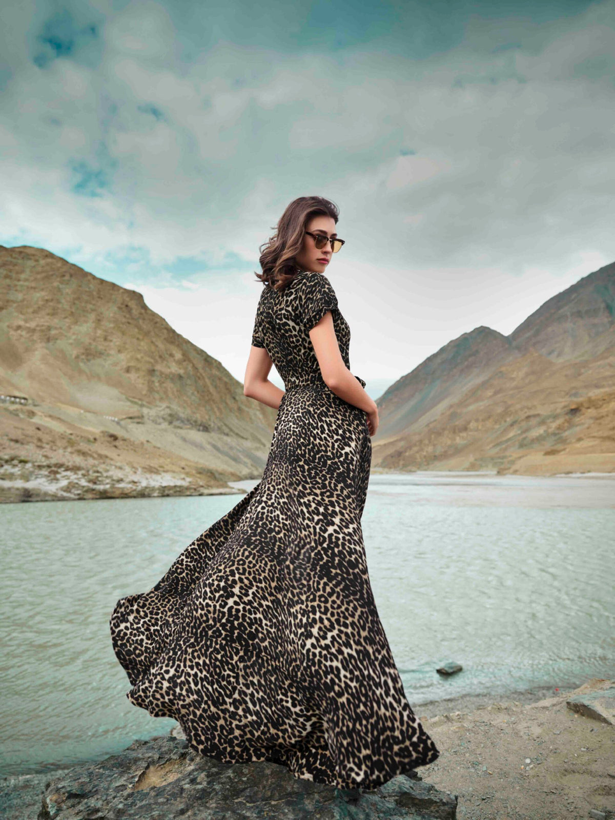 V-Neck Flared Long Dress with Slit — Cheetah Print