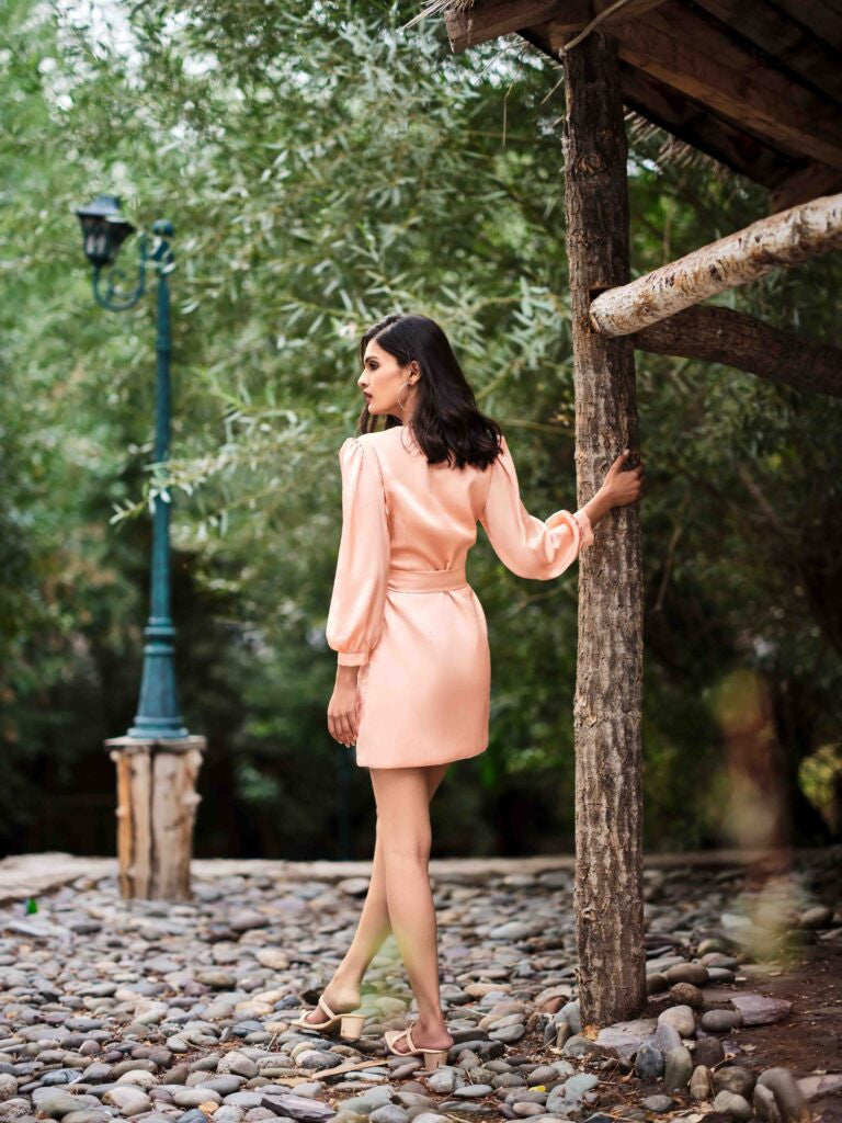 Satin Overlapping Short Dress with Waist Belt