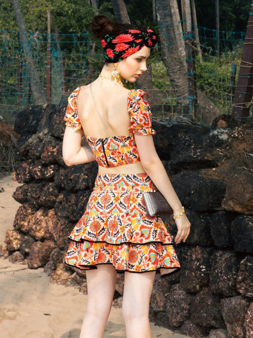 Laced Crop Top and Frilled Mini Skirt Co-ord – Boho Floral