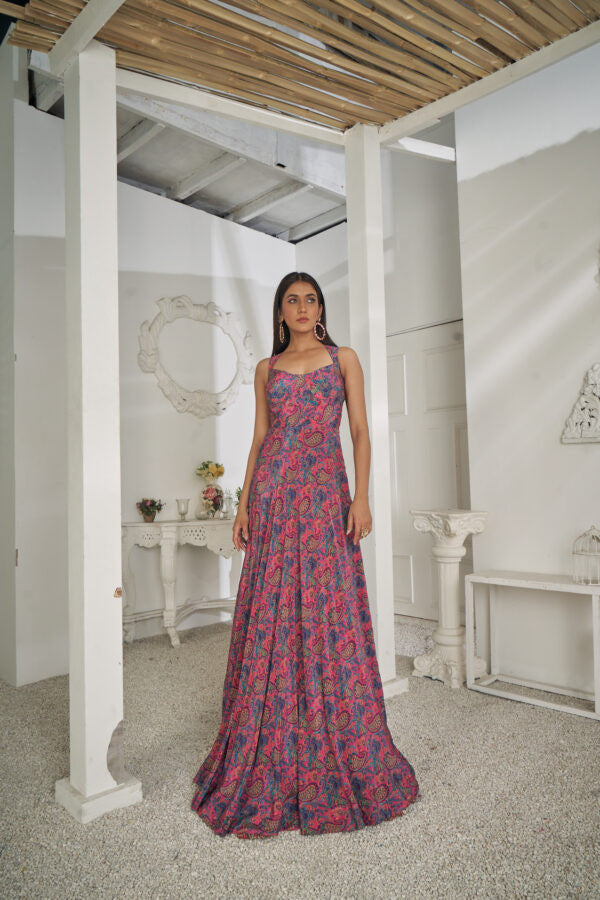 Roseate – Sleeveless Printed Flared Crepe Long Dress
