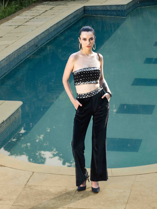 Hand Embellished Velvet Tube Top and Straight Pant Co-ord