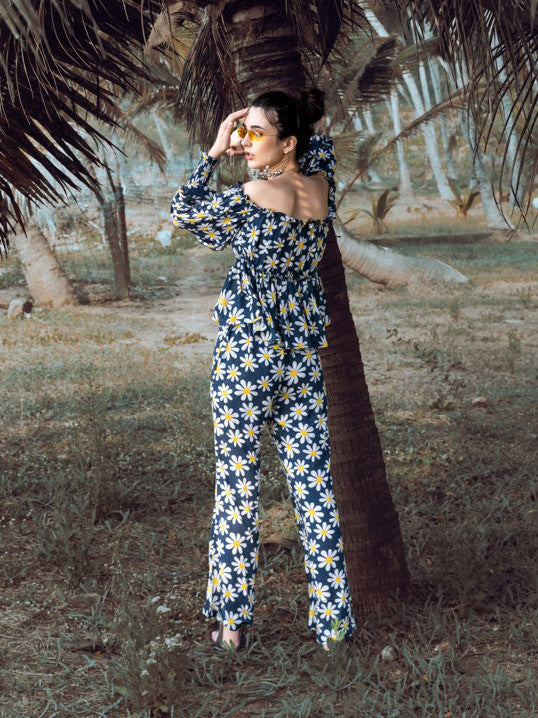 Off-Shoulder Top and Wide-Leg Trouser Resort Co-ord – Sunflower Print