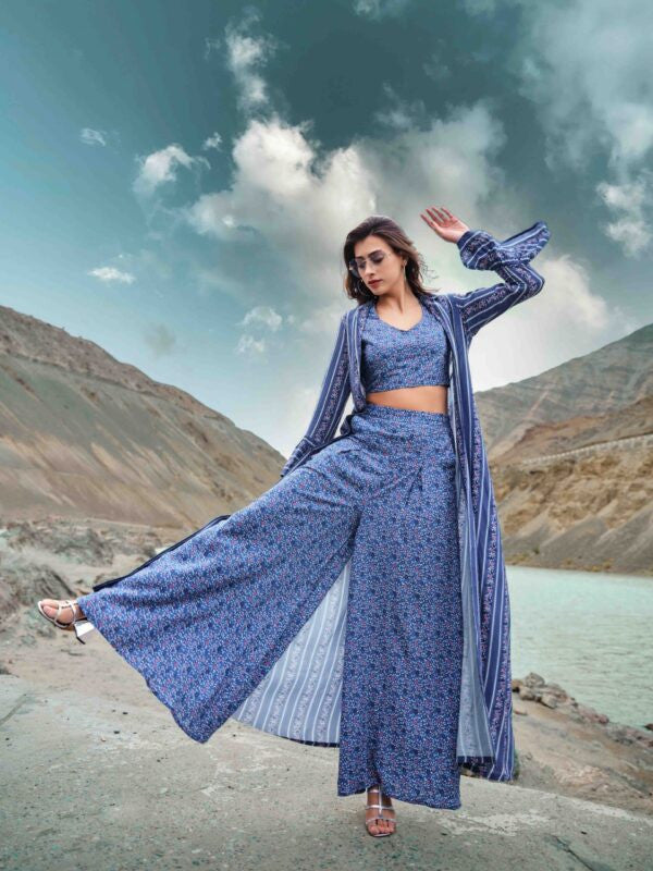 3-Piece Indo-Western Co-ord: Crop Top, Palazzo and Printed Shrug