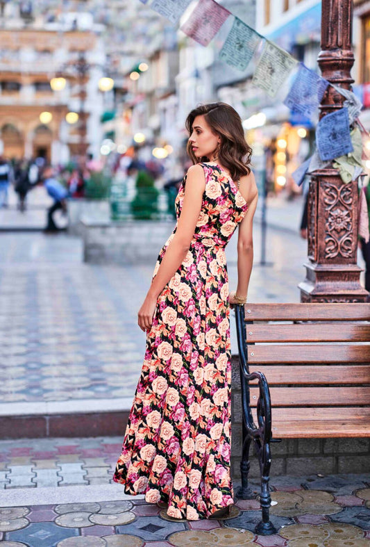 Viscose Rayon Asymmetric Long Dress — Printed