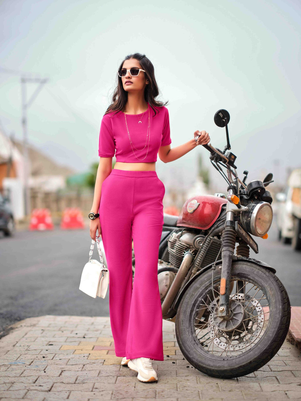 Knitted Co-ord: Laced Half-Sleeve Top and Straight Pant — Hot Pink