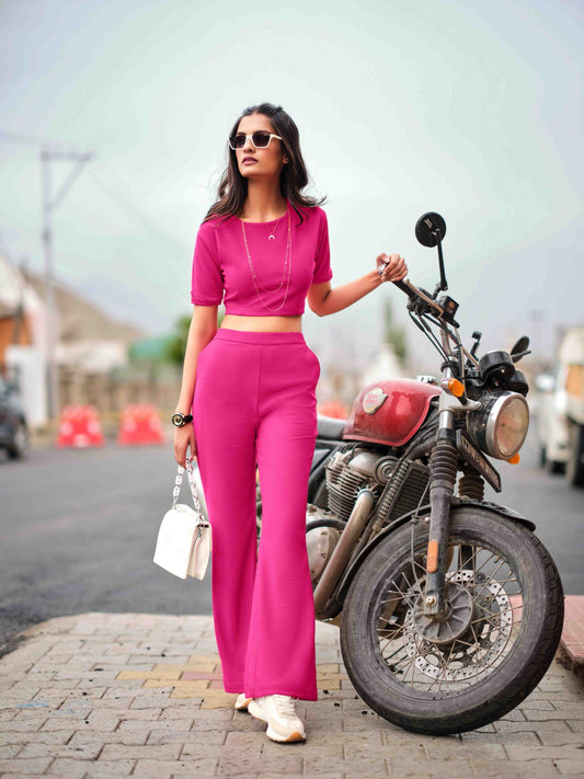 Knitted Co-ord: Laced Half-Sleeve Top and Straight Pant — Hot Pink