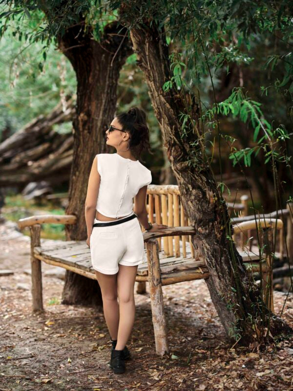 Knitted Co-ord: Zipped Crop Top and Smart Shorts — White