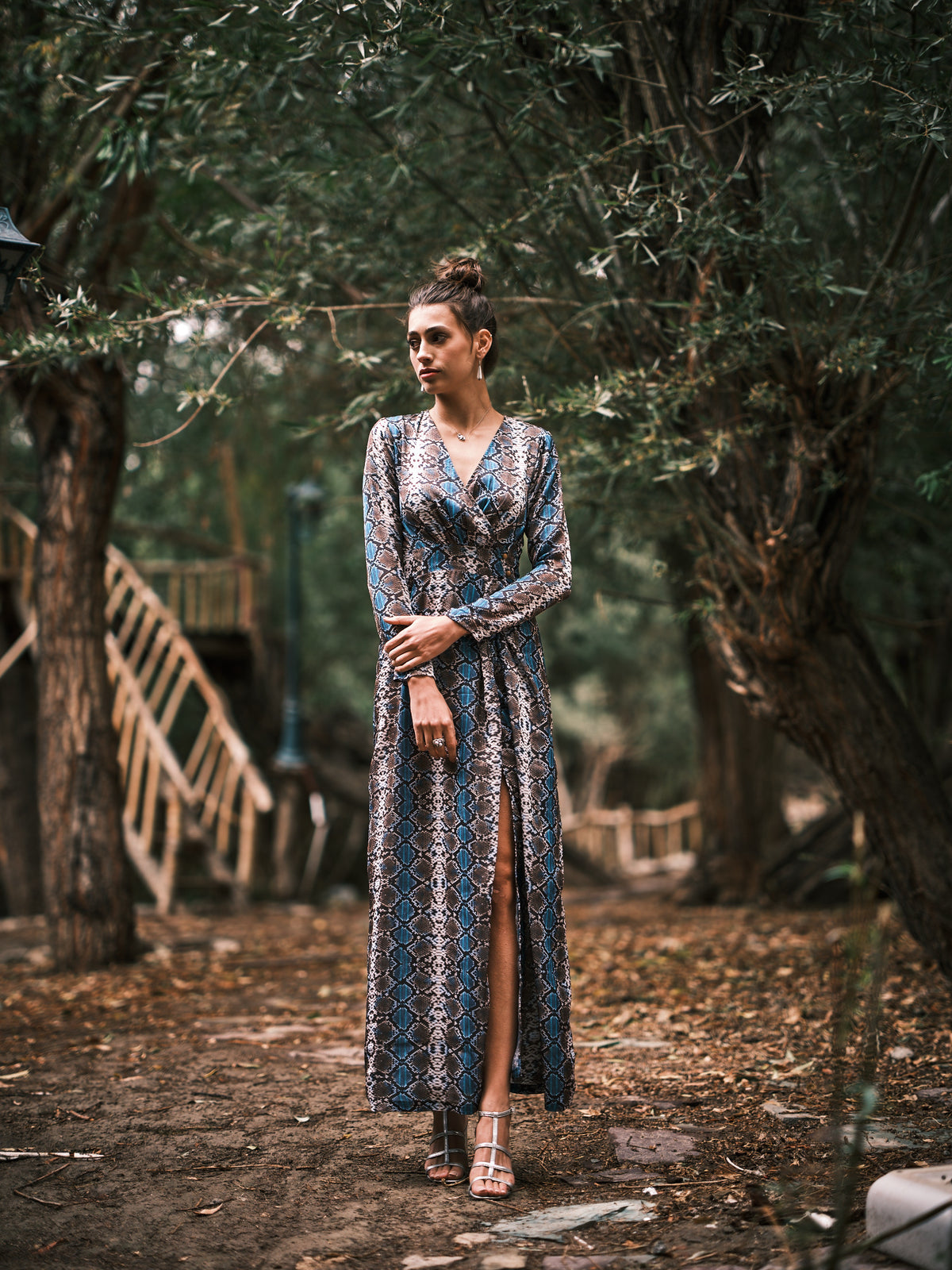 Muslin Satin Overlapping Long Dress — Blue Snake Print