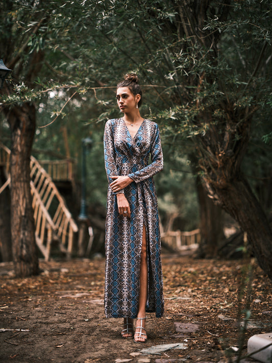 Muslin Satin Overlapping Long Dress — Blue Snake Print