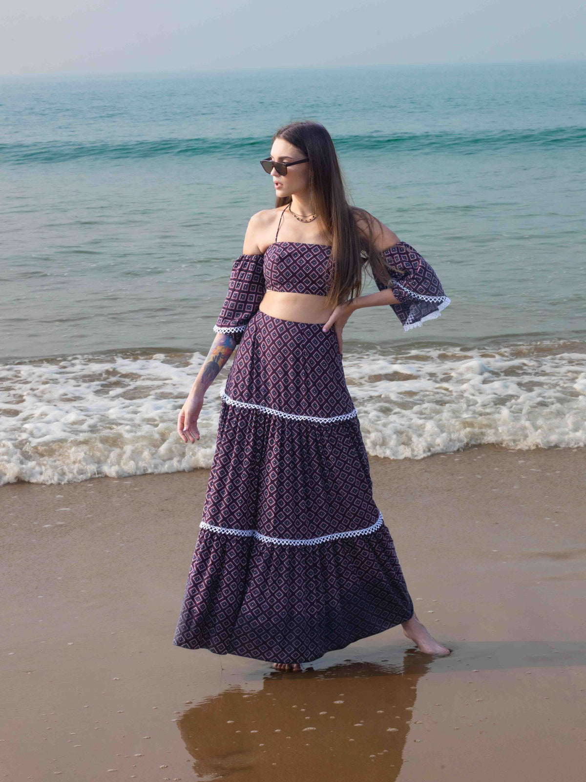 Off-Shoulder Laced Crop Top and Layered Long Skirt Resort Co-ord