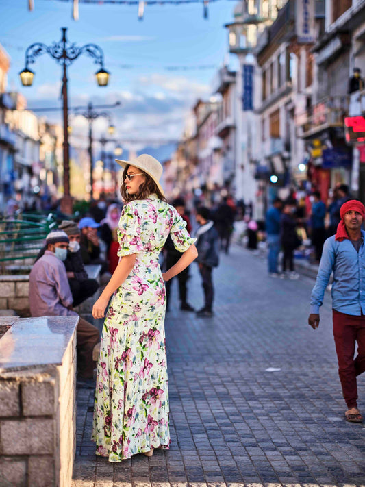 Front-Open Balloon-Sleeve Long Dress — Rayon Print