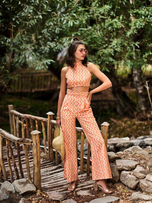 Cropped Halter Top and Wide-Leg Pant Co-ord — Printed Cotton