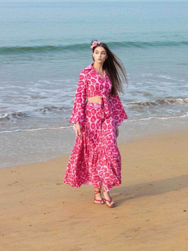 Front-Knot Bell-Sleeve Top and Layered Long Skirt Co-ord – Cheetah Print