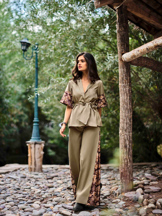 Safari Overlapping Top with Belt and Wide-Leg Pant Co-ord — Khaki