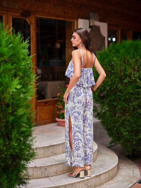 Layered Crop Top and Side-Slit Wide-Leg Pant Resort Co-ord