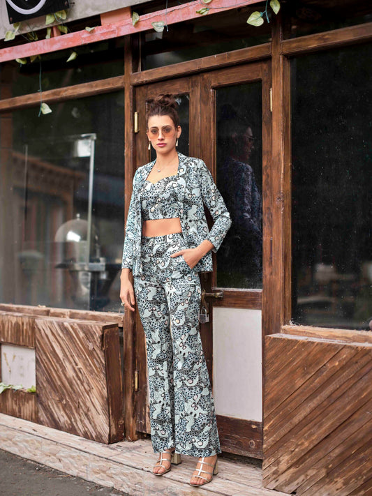 3-Piece Butterfly Print Blazer, Crop Top and Straight Pant Co-ord