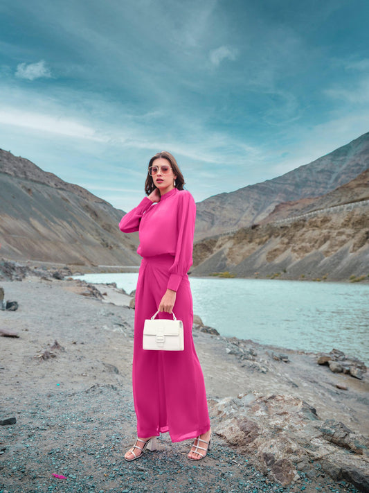 Chiffon High-Neck Full-Sleeve Jumpsuit