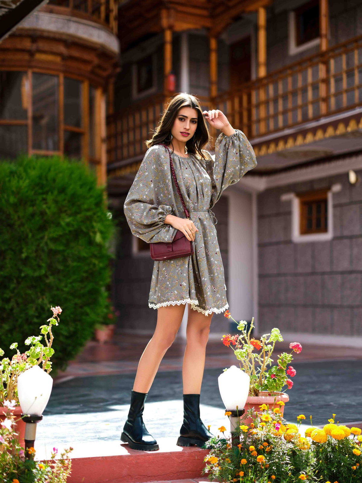 Casual Printed Short Dress with Waist Belt