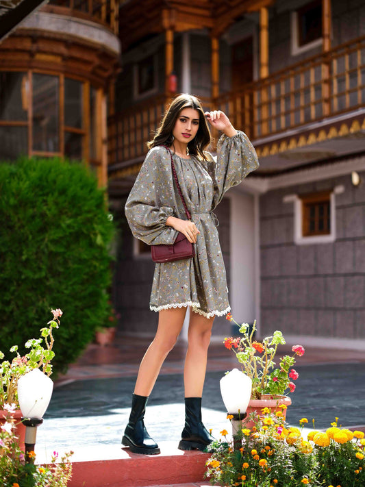 Casual Printed Short Dress with Waist Belt