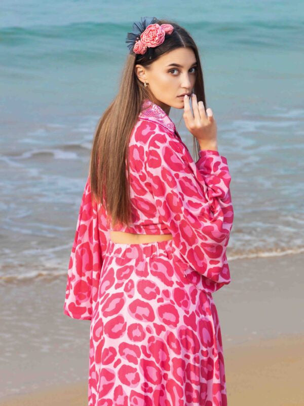 Front-Knot Bell-Sleeve Top and Layered Long Skirt Co-ord – Cheetah Print