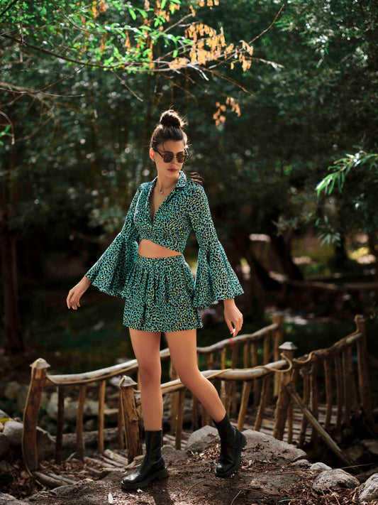 Front Tie-Up Crop Top and Double-Frill Skirt Co-ord — Green Cheetah