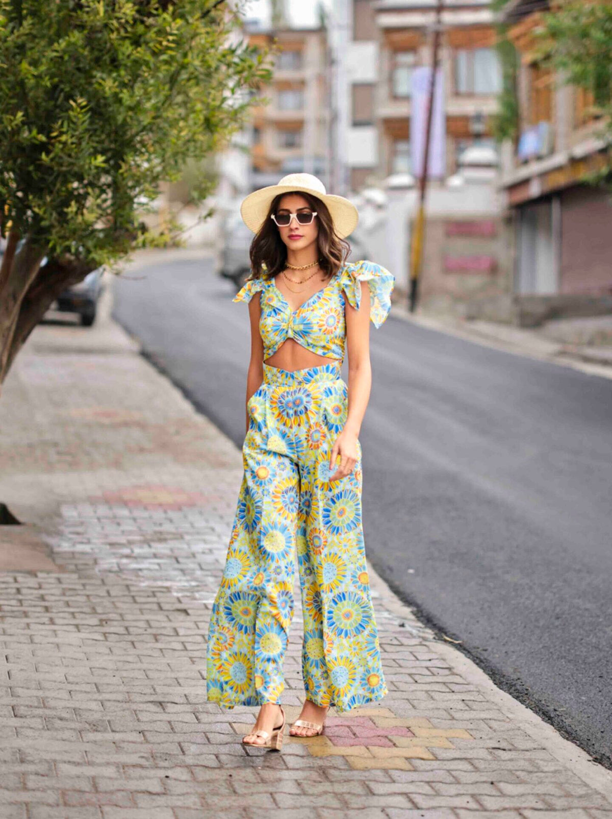 Bustier Top and Double-Pleated Flared Pant Co-ord — Floral Print