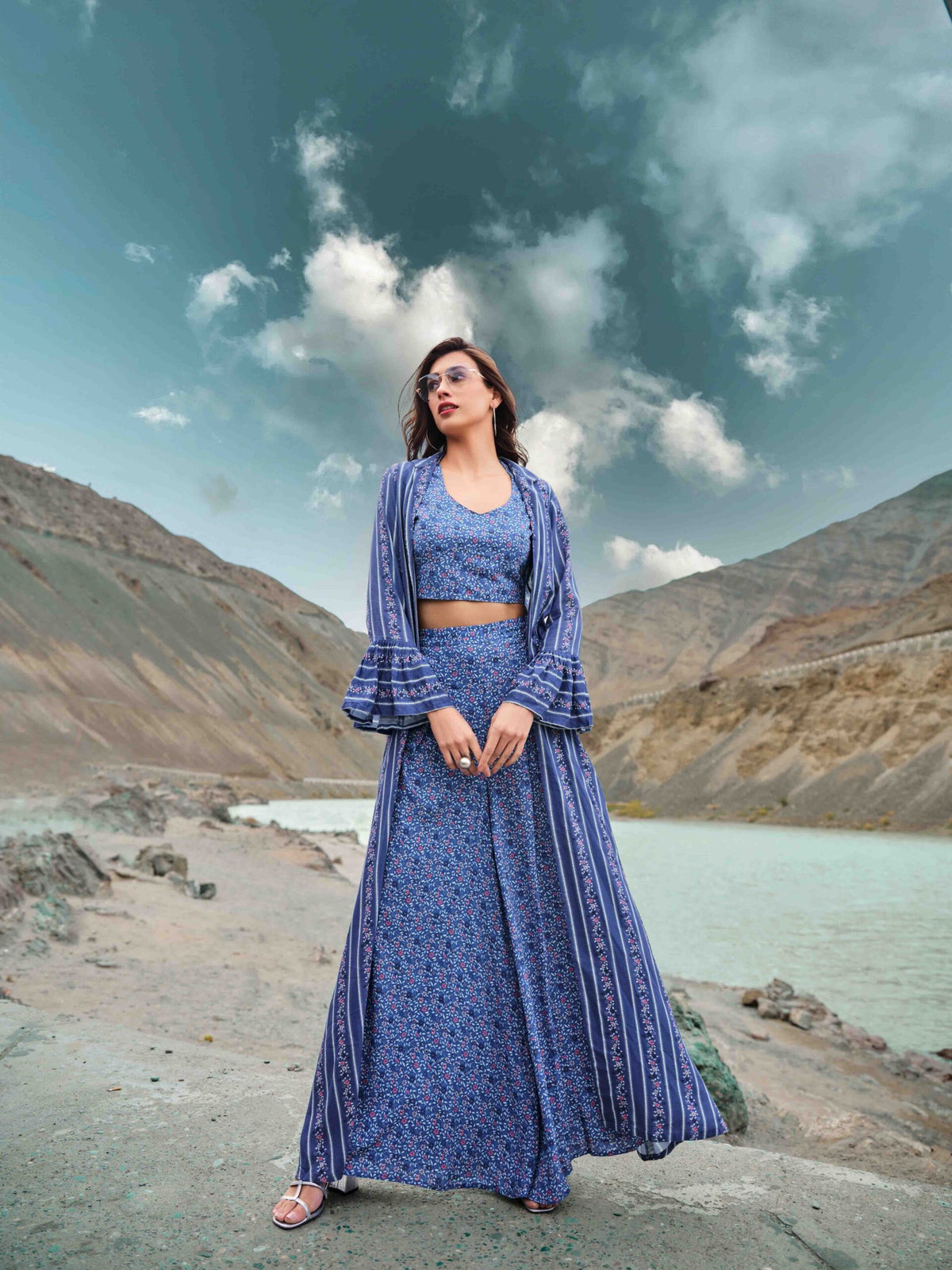 3-Piece Indo-Western Co-ord: Crop Top, Palazzo and Printed Shrug