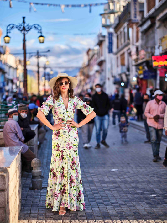 Front-Open Balloon-Sleeve Long Dress — Rayon Print