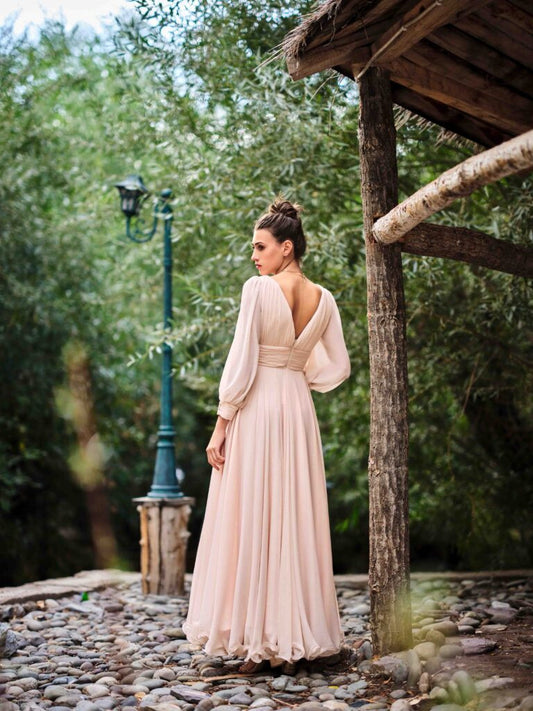Aurora — Baby Pink Full-Gather Front-Slit Long Gown