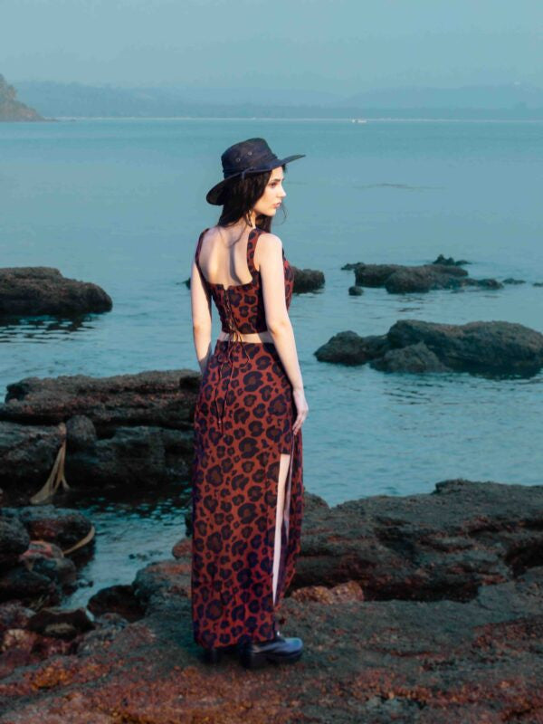 Corset Crop Top and Double-Layer Slit Skirt Co-ord – Cheetah Print