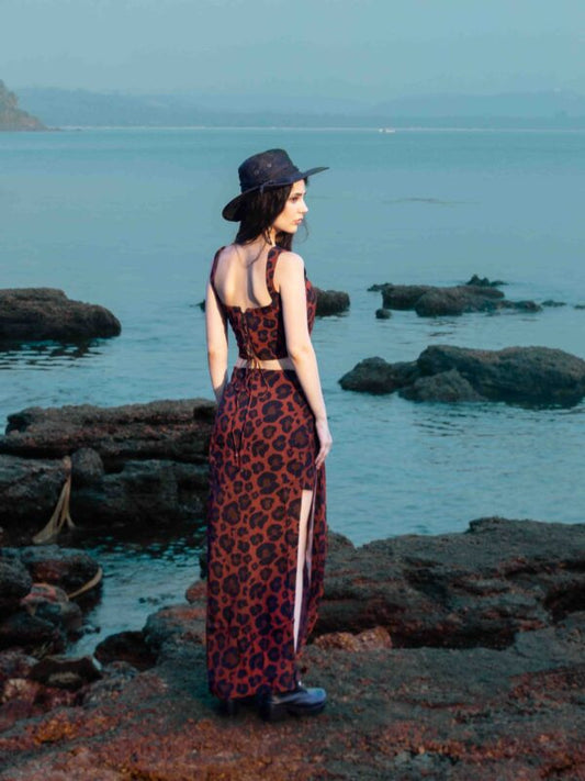 Corset Crop Top and Double-Layer Slit Skirt Co-ord – Cheetah Print