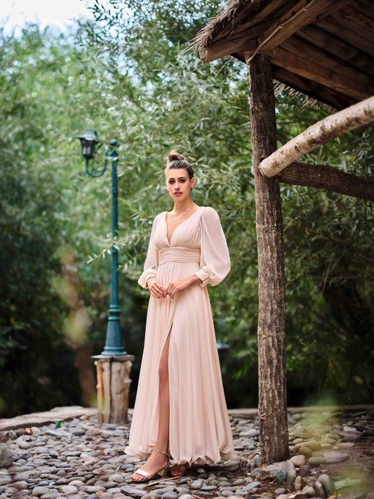 Aurora — Baby Pink Full-Gather Front-Slit Long Gown