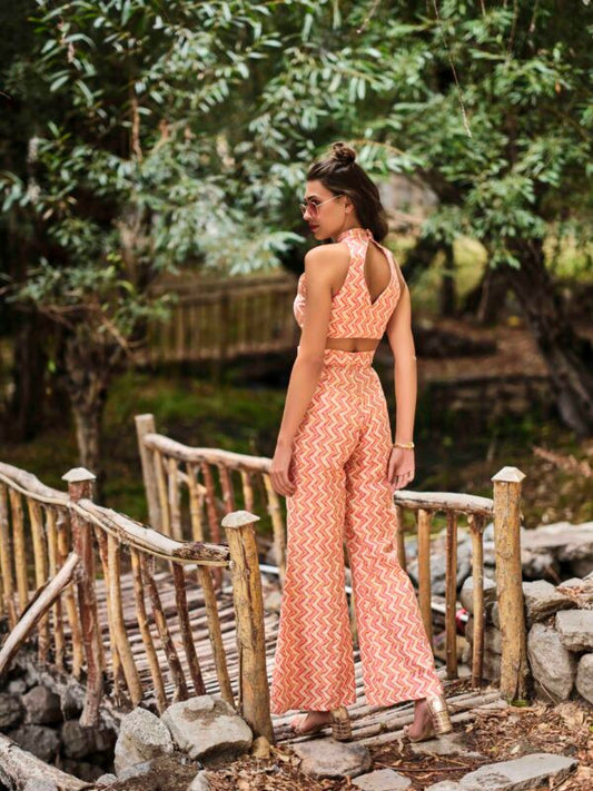 Cropped Halter Top and Wide-Leg Pant Co-ord — Printed Cotton