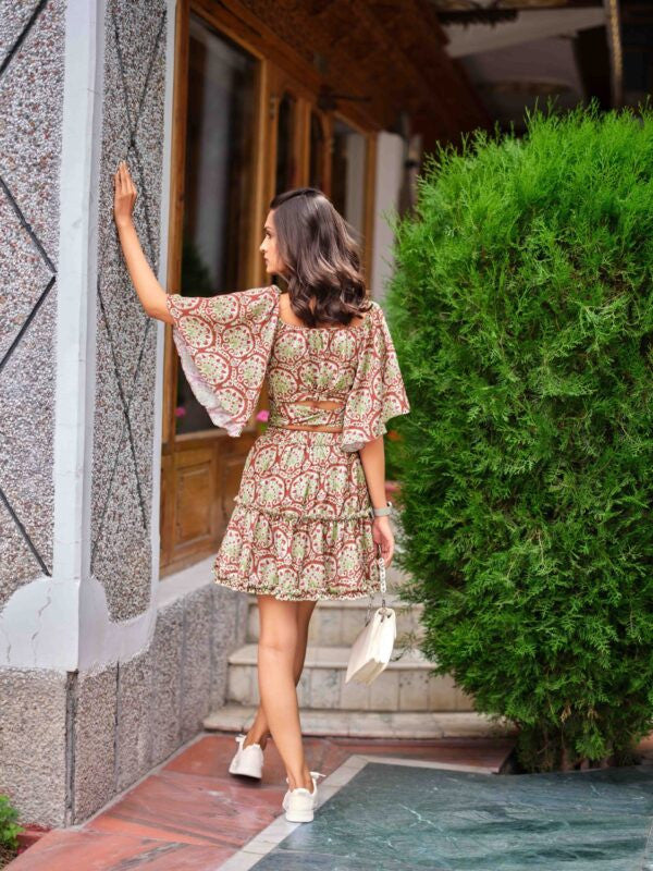 Bell-Sleeve Tie-Knot Crop Top and Frilled Skirt Co-ord