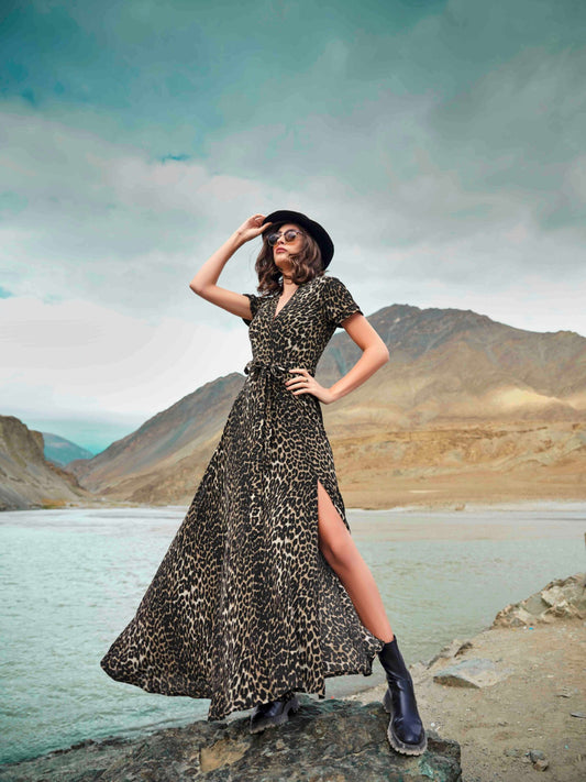 V-Neck Flared Long Dress with Slit — Cheetah Print