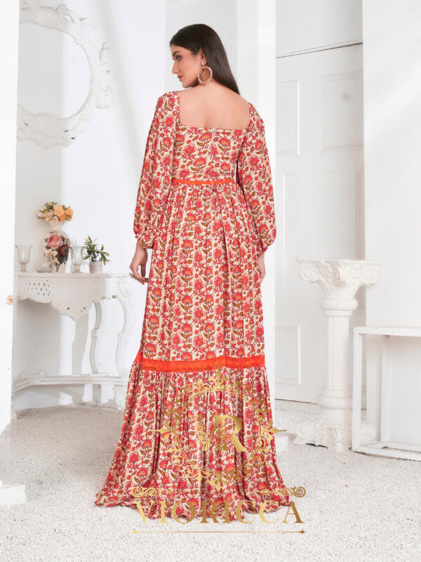 Inayat – Balloon-Sleeve Floral Long Dress with Contrast Lace