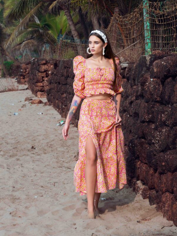 Square-Neck Crop Top and Side-Slit Long Skirt Co-ord – Cotton Floral