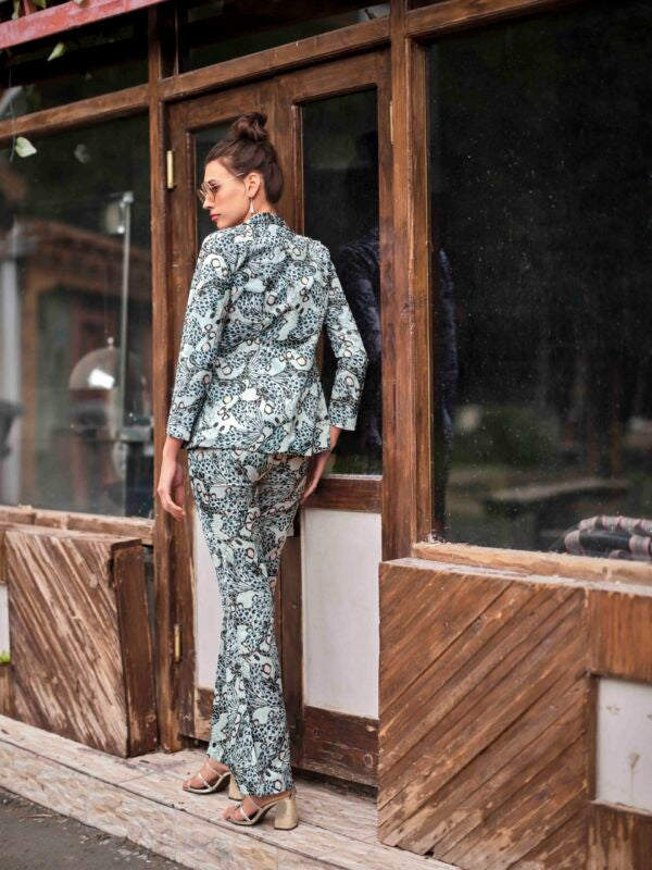3-Piece Butterfly Print Blazer, Crop Top and Straight Pant Co-ord