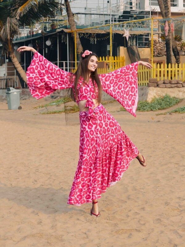 Front-Knot Bell-Sleeve Top and Layered Long Skirt Co-ord – Cheetah Print