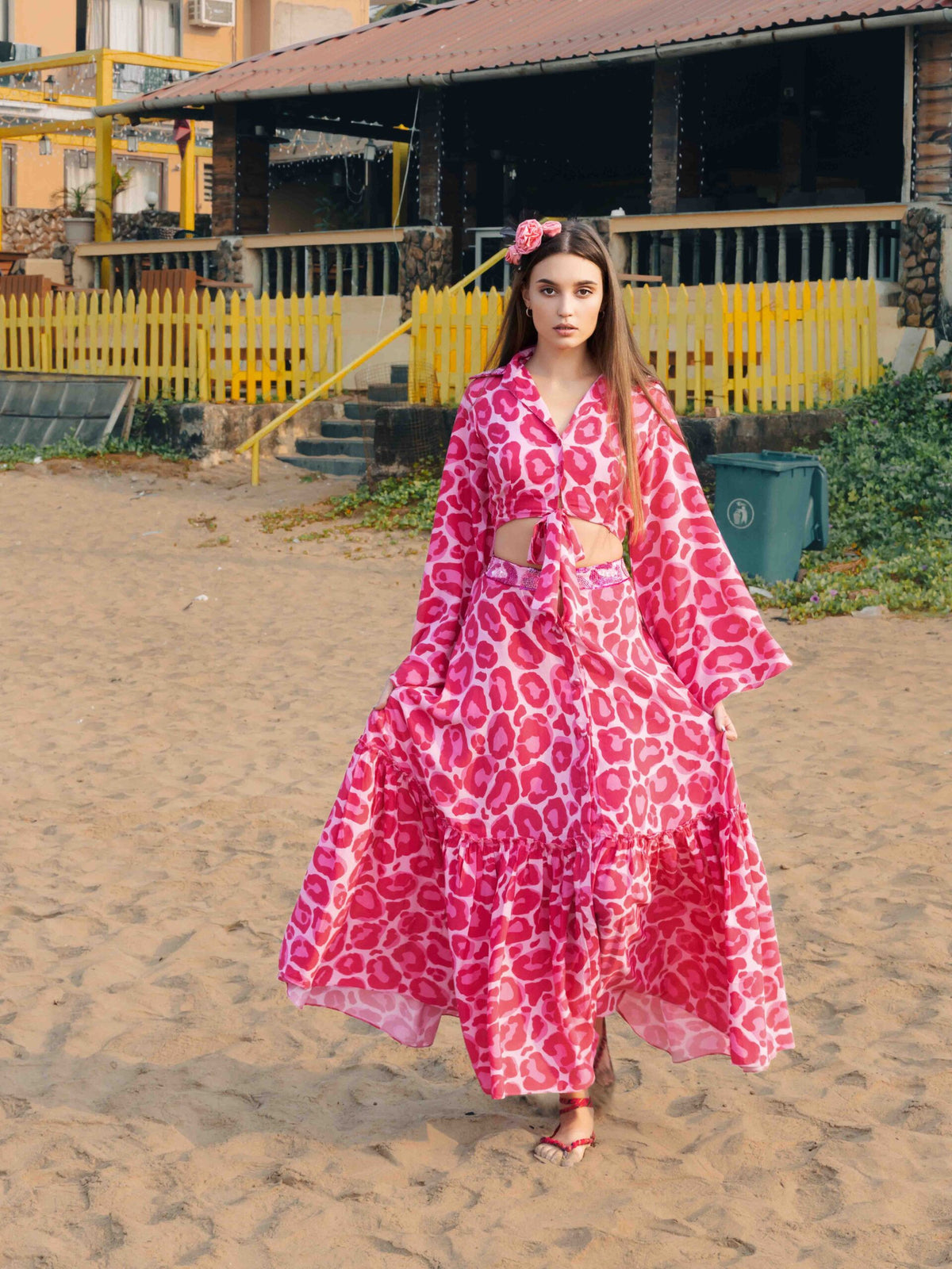 Front-Knot Bell-Sleeve Top and Layered Long Skirt Co-ord – Cheetah Print