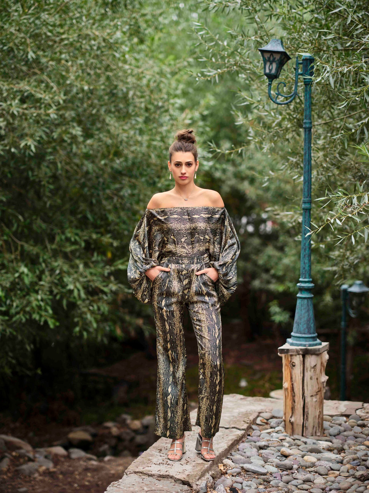 Off-Shoulder Top and Snake Print Wide-Leg Pant Co-ord