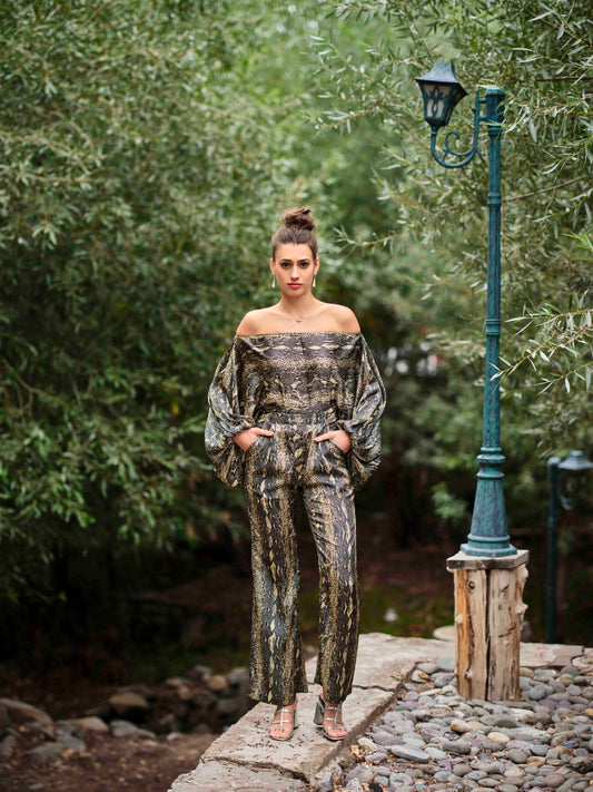 Off-Shoulder Top and Snake Print Wide-Leg Pant Co-ord