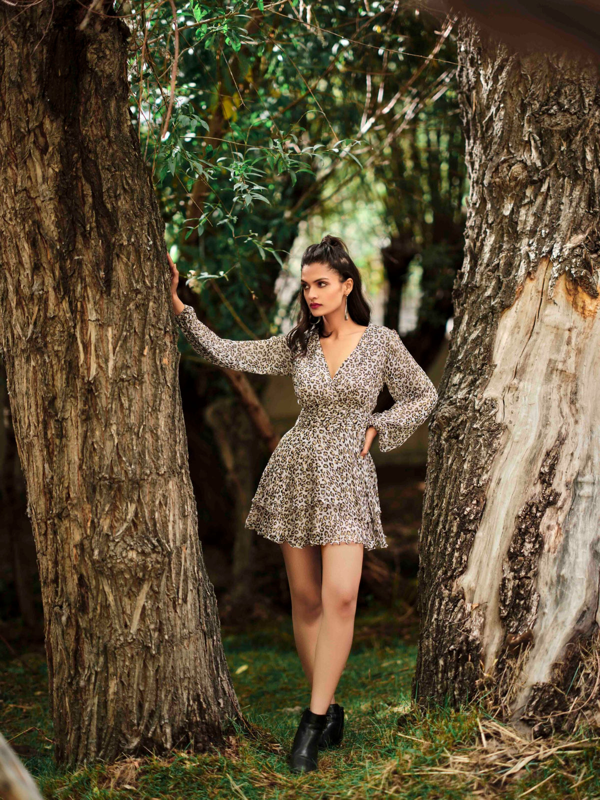 Full-Sleeve Double-Frill Chiffon Short Dress