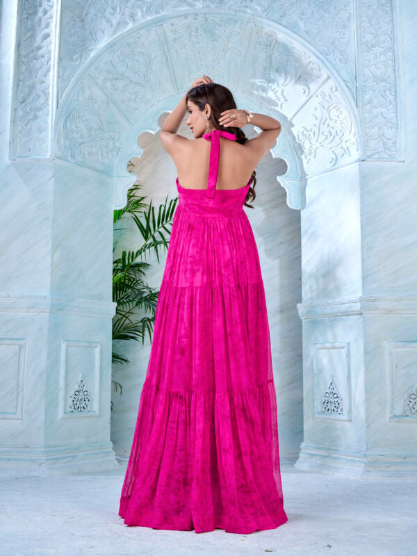 Halter Neck Tie-Strap Tiered Long Dress — Prism Print